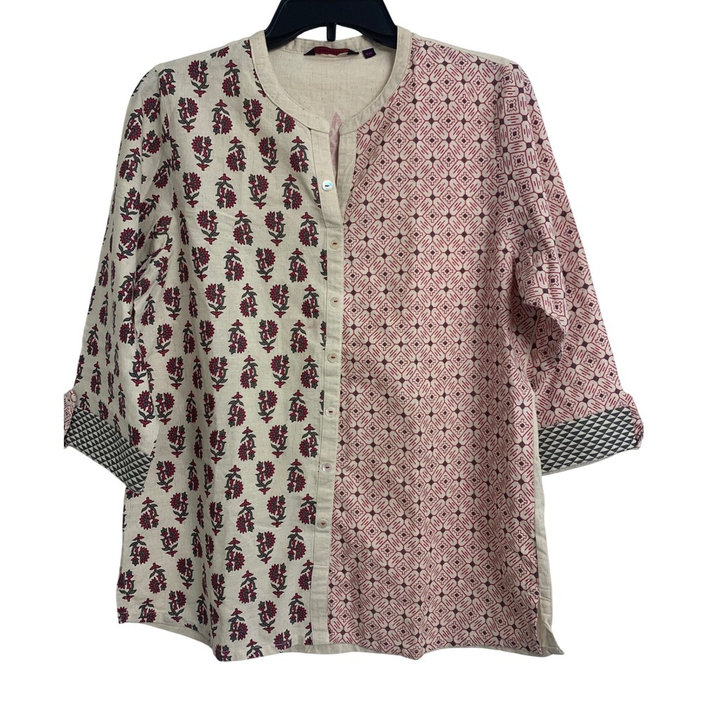 Srishti Patchwork Cotton Gauze Tunic Top Red Cream Artsy XXL